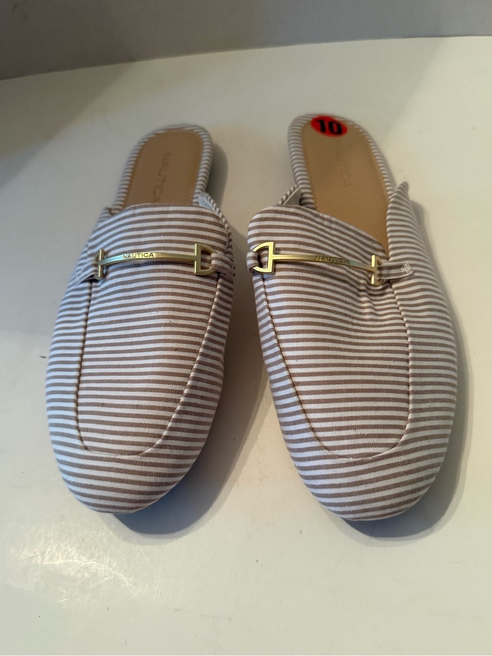 Nautica Women's Beige & White Striped Slip-On Mules with Gold Accent Women’s 10